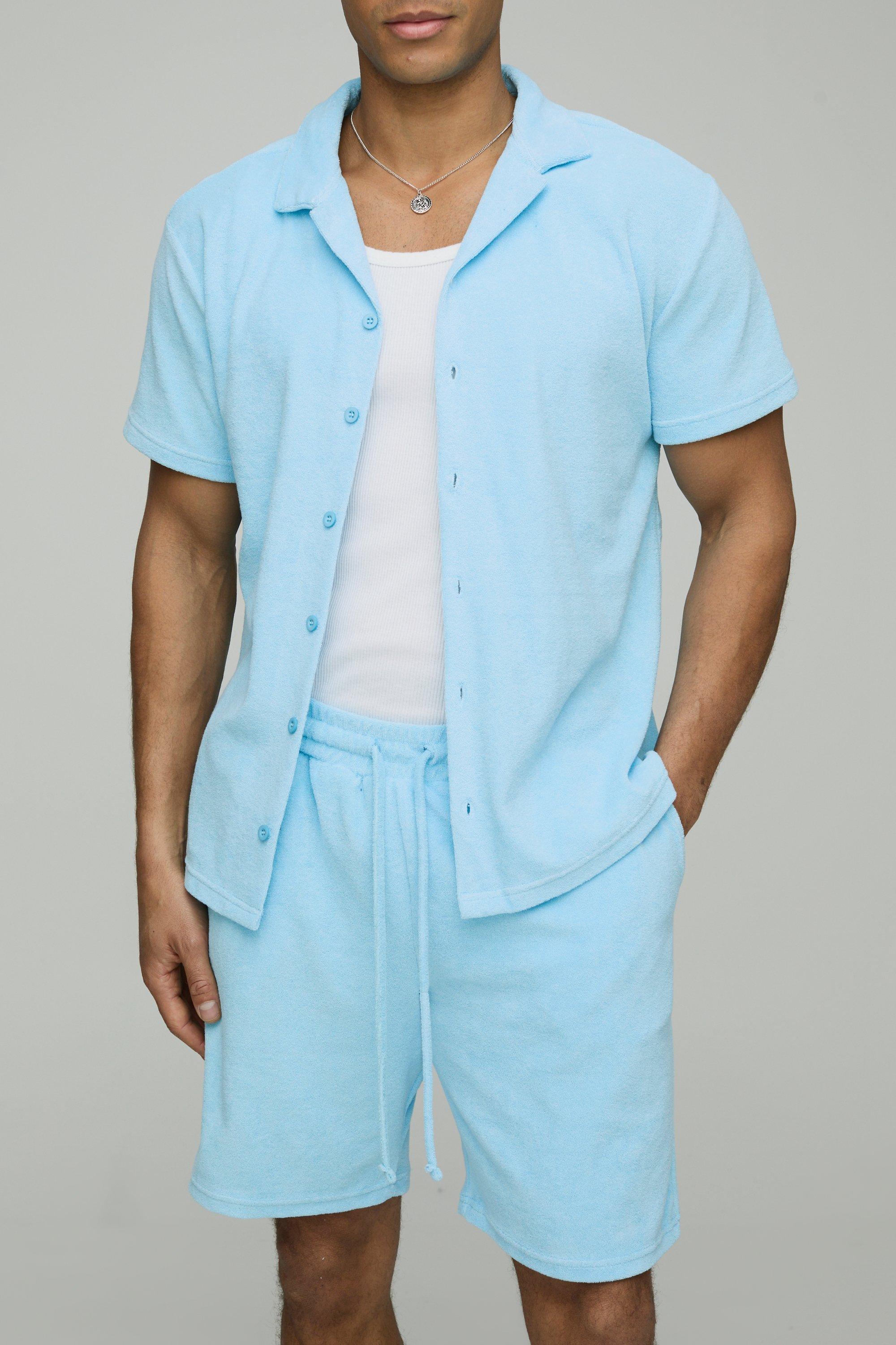 Mens Blue Regular Revere Short Sleeve Shirt & Comfort Short Set, Blue
